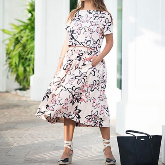 KATE SPADE Pink Floral Skirt Tiger Lily Flower Midi Antilles Bubble High Waist 4 - Picture 7 of 13
